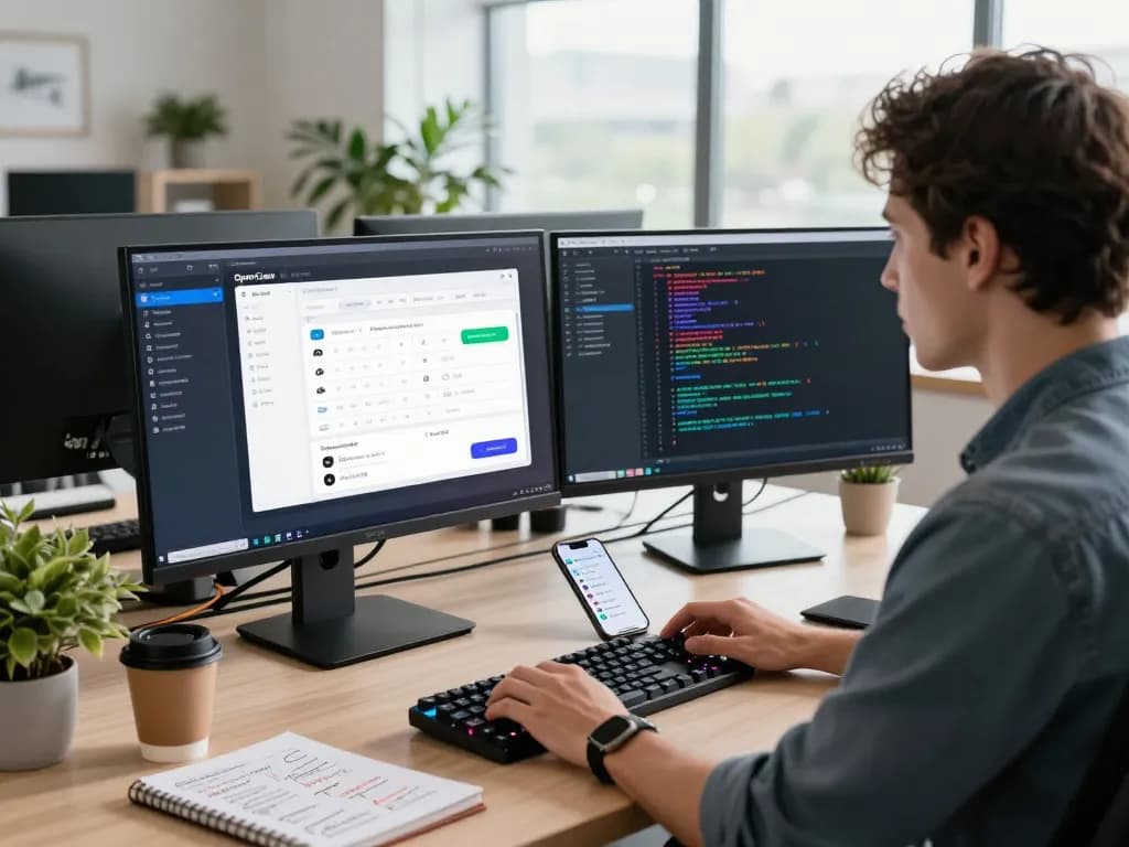 Developer using OpenClaw personal AI assistant in a modern workspace with dual monitors and coding.