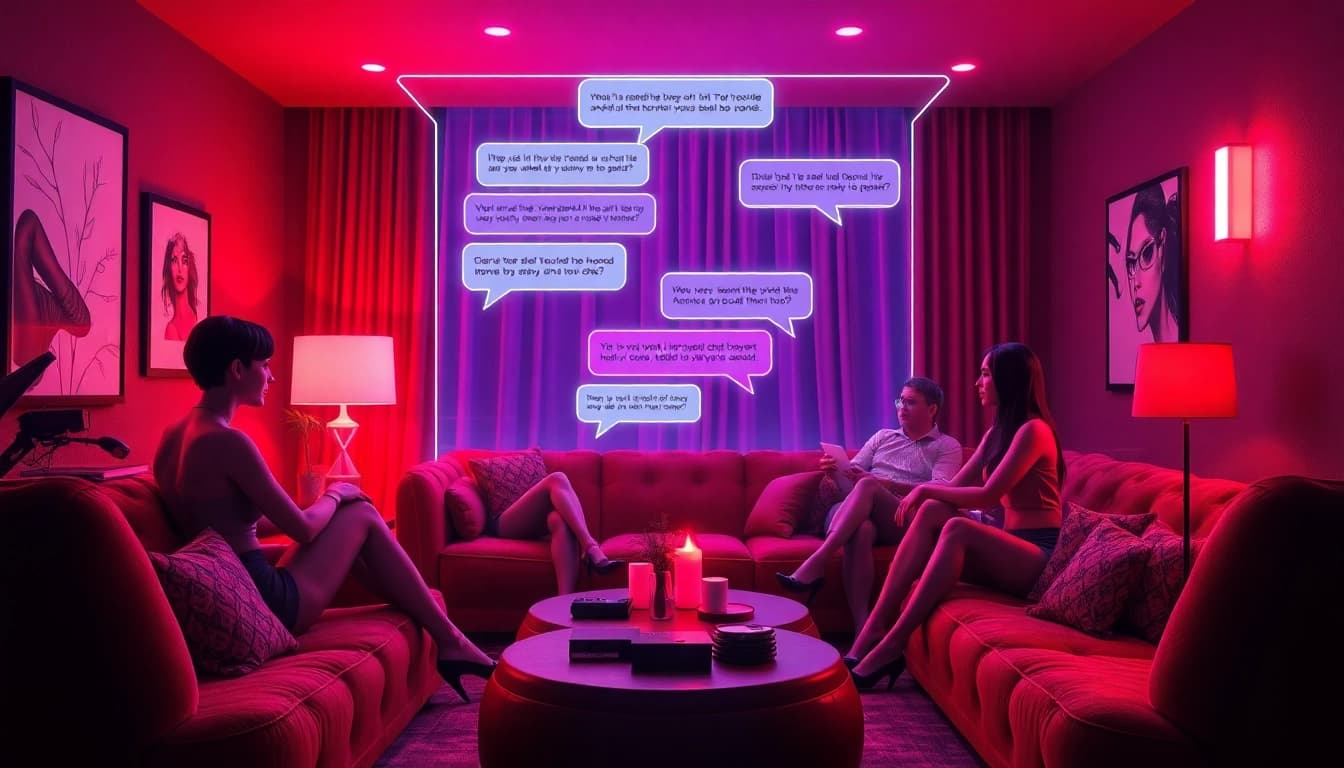 Engaging scene of diverse characters in an ambient-lit virtual chatroom, exploring porn ai chat.