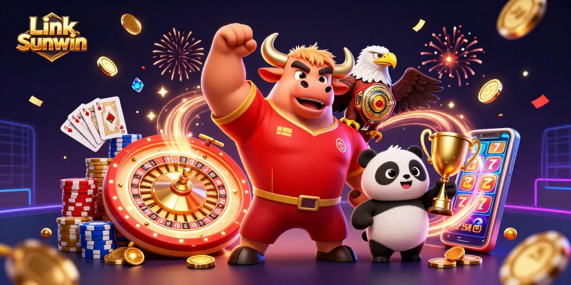Win big with Link Sunwin's vibrant casino adventure showcasing a bull, eagle, and panda!