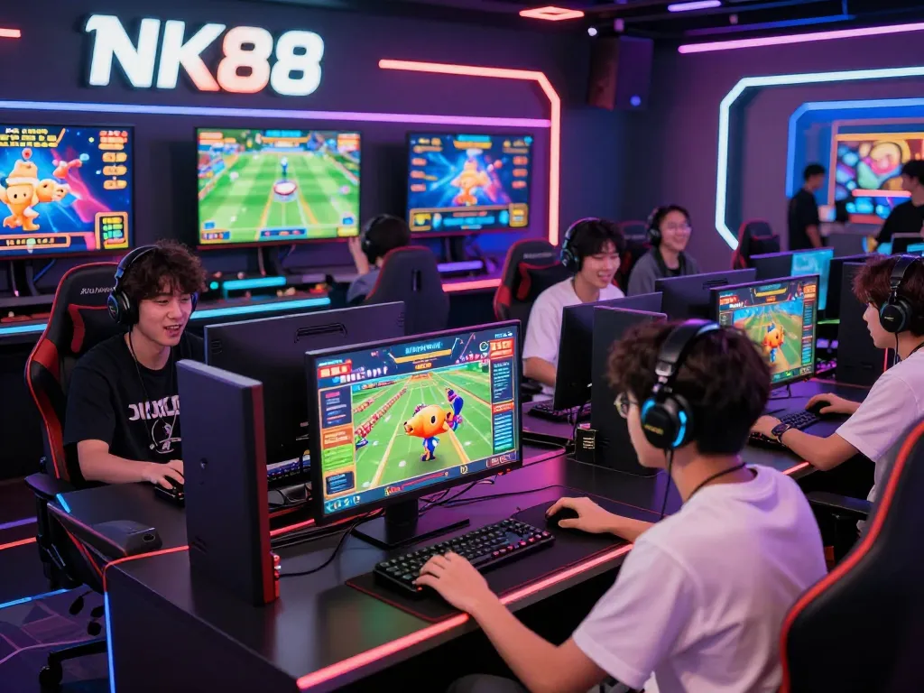 Engaged Gen Z gamers using NK88 for online betting, showcasing live casino and sports betting excitement in a vibrant digital environment.
