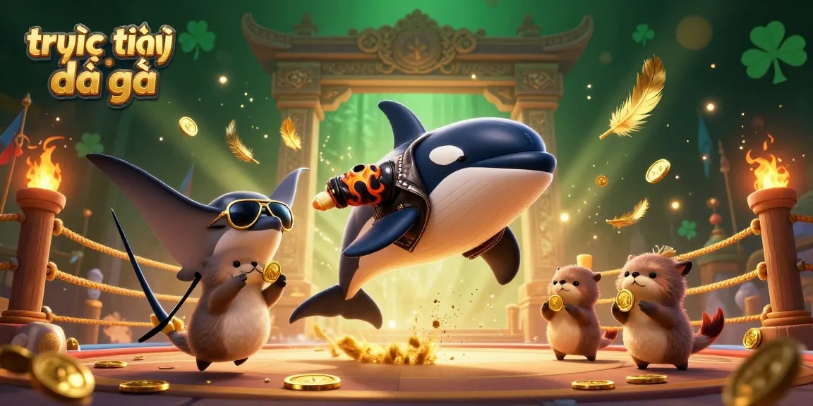 Engage with trực tiếp đá gà in a vibrant arena, as characters battle amidst golden tokens.