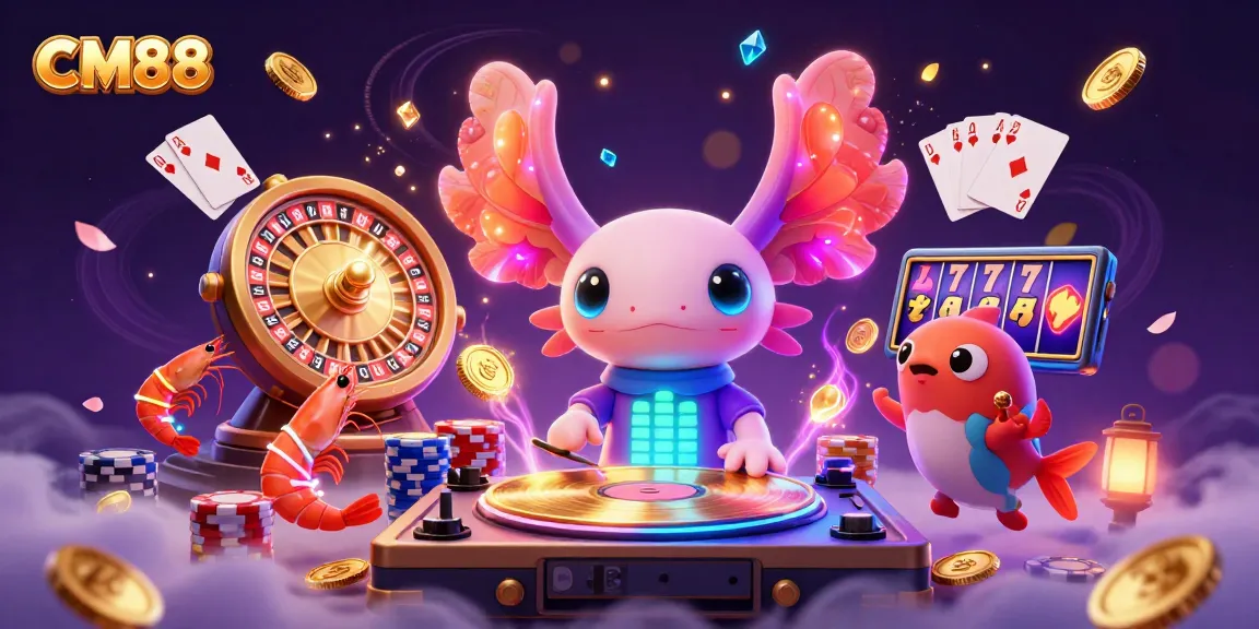 Experience the thrilling atmosphere of CM88 with a vibrant casino scene of a neon axolotl DJ and lively underwater characters.