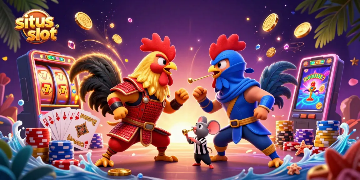 Menggandakan pengalaman bermain di situs slot dengan karakter ayam jantan bertarung yang dramatis dan elemen kasino.
