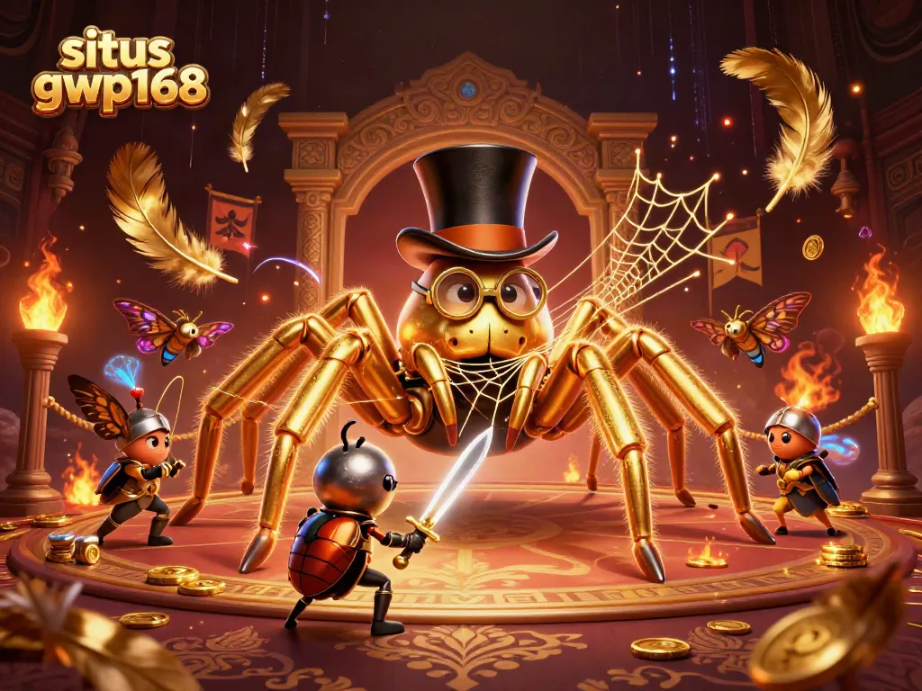 Situs gwp168 hadir dalam ilustrasi kasino yang menampilkan tarantula emas dan ksatria kecil, dikelilingi koin emas