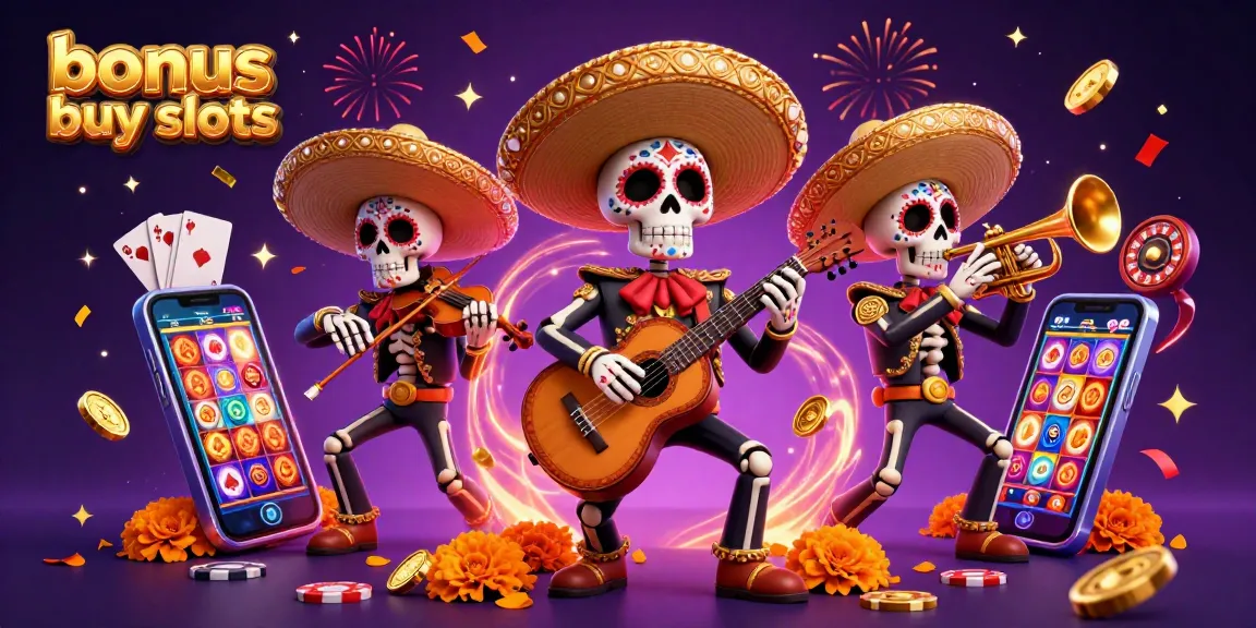 Engage with bonus buy slots in this vibrant scene, showcasing colorful slot games and dynamic characters celebrating.