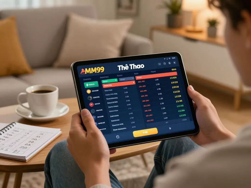 Engaged bettor analyzing Thể Thao MM99 sports betting odds on a tablet in a cozy home environment.