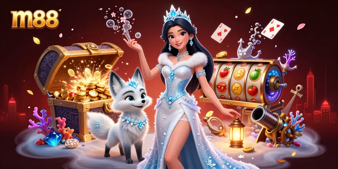 Engage in thrilling m88 gameplay with a stunning woman, arctic fox, and dynamic casino elements.