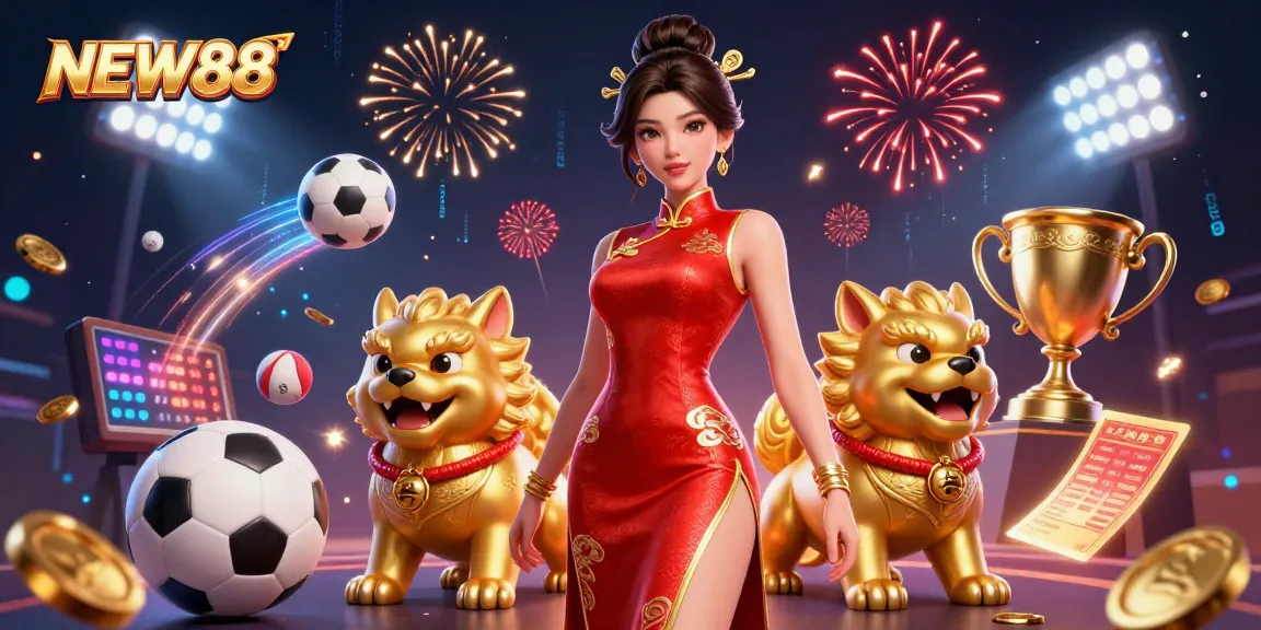 Experience the vibrant gaming atmosphere at NEW88 with dynamic sports balls and festive elements.