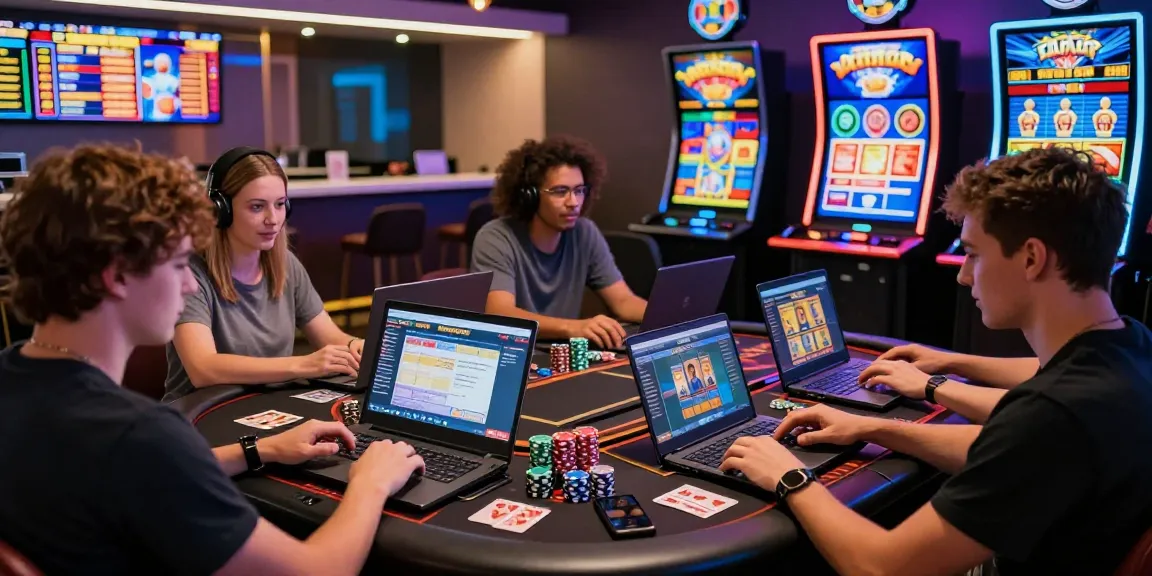 Players excitedly browsing new online casino sites in a vibrant gaming lounge with colorful slot game displays.