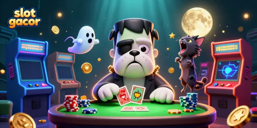 Engage with slot gacor's thrilling world, featuring a Frankenstein bulldog dealer and ghostly accomplices.