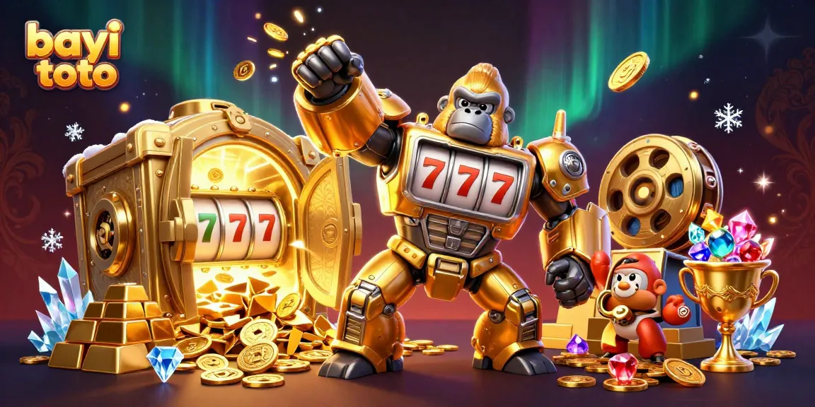 Play thrilling games at bayi toto with a golden gorilla mech bursting with winnings and excitement.