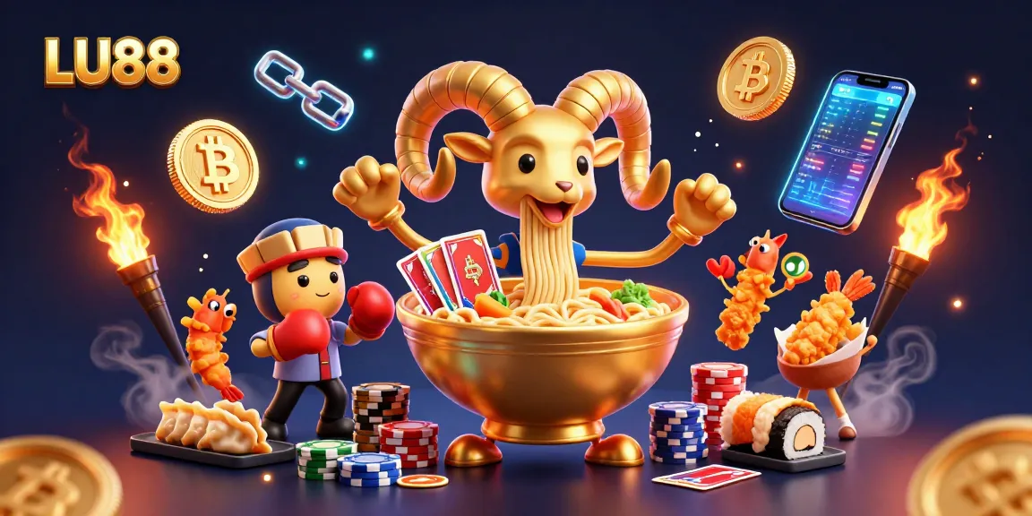 LU88 showcases an engaging 3D illustration featuring a golden ramen bowl dealing cards and chips.