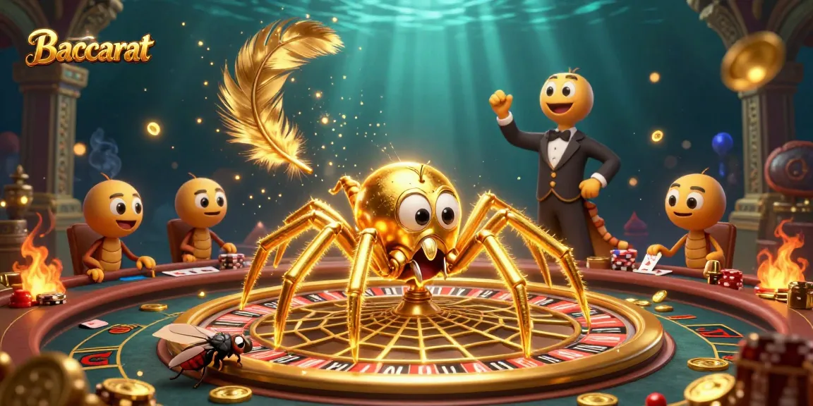 Engage in Baccarat with a cartoon spider spinning a roulette web as the croupier oversees bets.