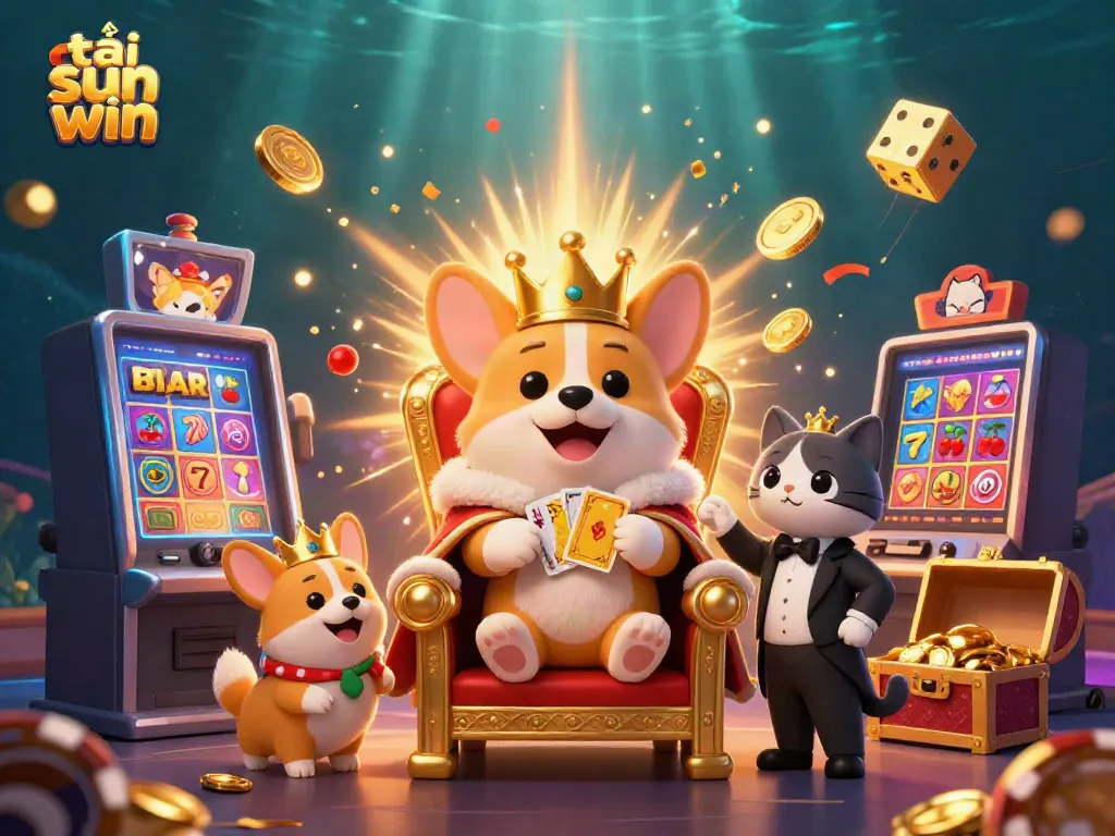 Experience excitement with tải sun win in a lively 3D cartoon casino scene of royal corgis and jackpot elements.