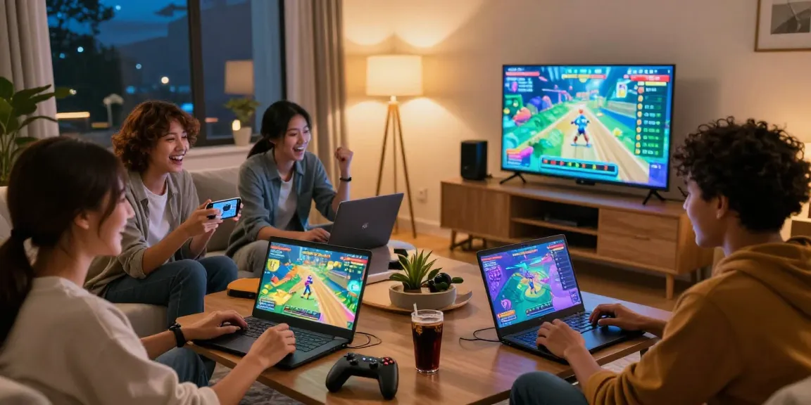 Friends enjoying cika4d platform games together in a cozy living room at night.