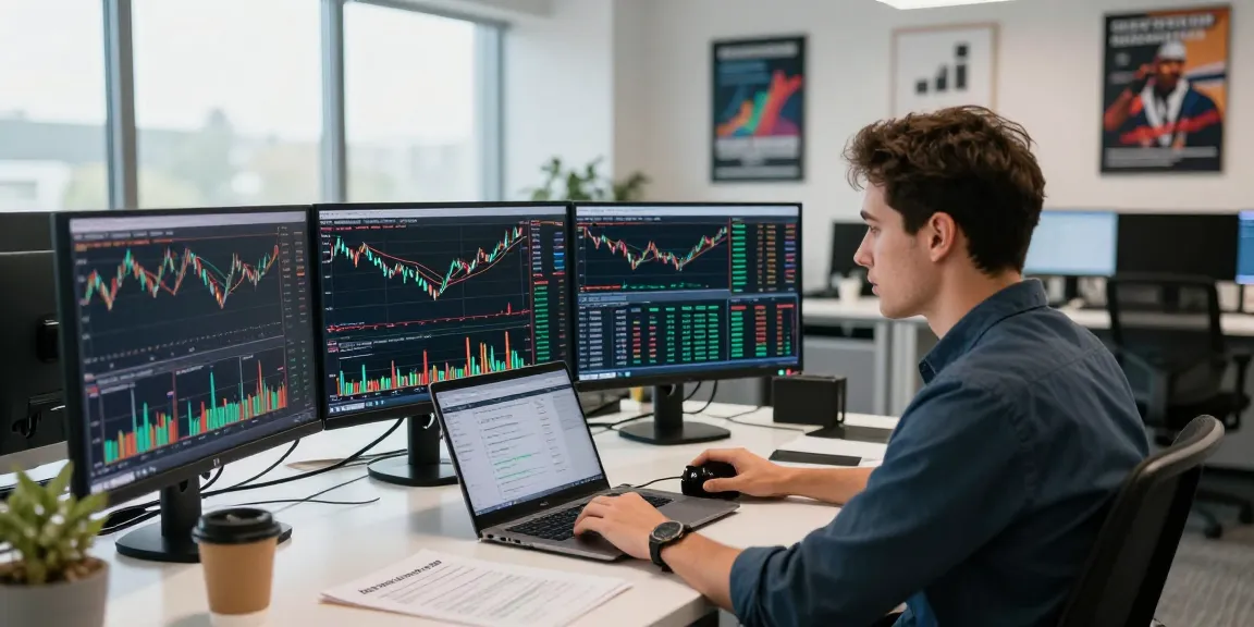 Trader memantau analisis pasar di kantor, kakakjudi menunjukkan fokus dan keseriusan dalam trading.