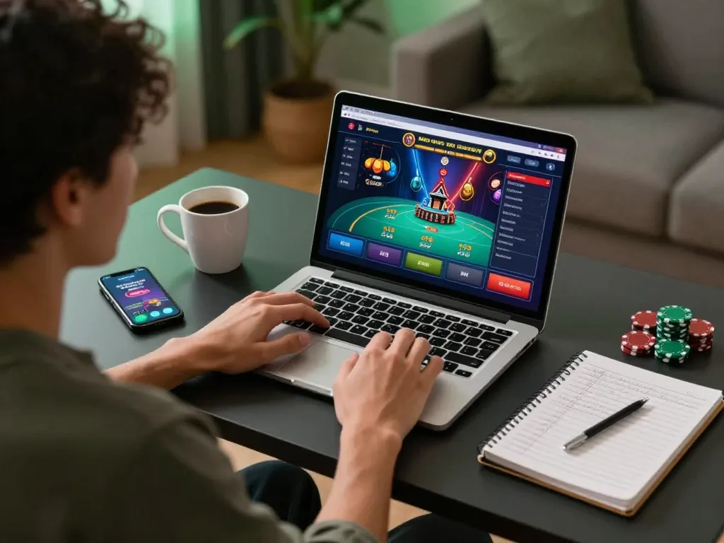 Engaging in online gambling at home with 789win trang chu on screen and betting strategies visible.