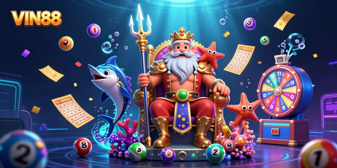 Experience the thrill with VIN88 lottery balls bouncing in a vibrant underwater casino scene.
