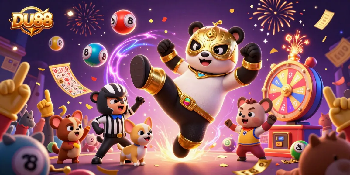 Join the excitement of DU88 with a panda wrestler performing an epic kick amidst vibrant casino elements.