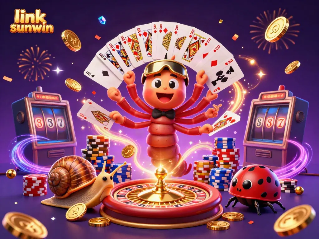 Engage in the world of 'link sunwin' with vibrant 3D characters and casino elements as they celebrate gaming success.