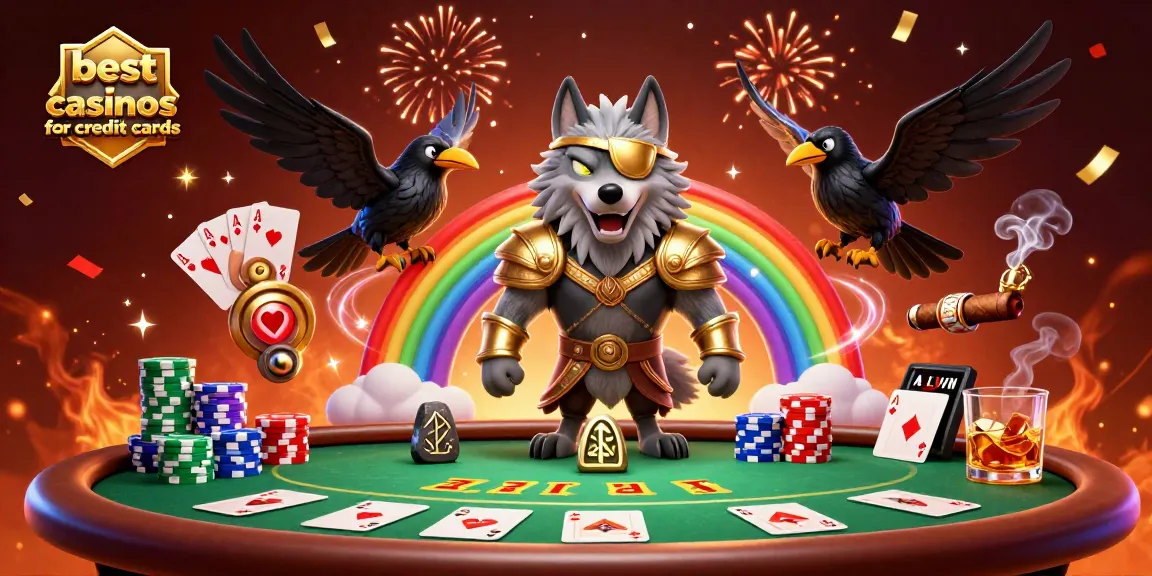 Engage with the best online casinos for credit cards, featuring Odin and ravens in a vibrant casino scene.