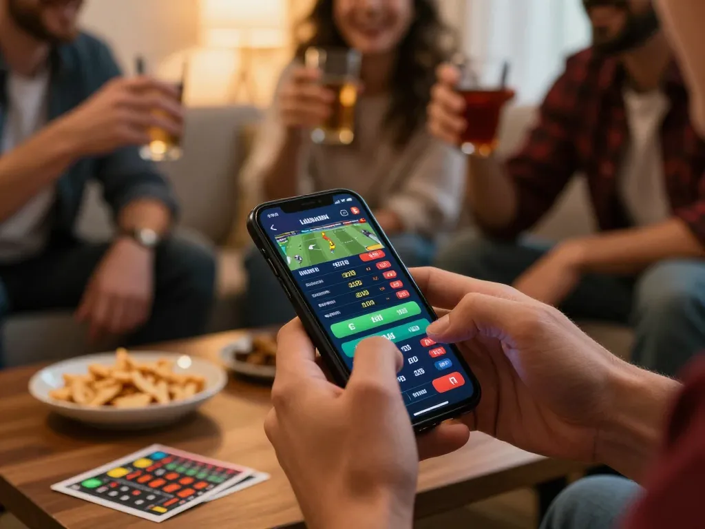 Engaging session of sports betting with smartphone displaying nsfw games apk odds, showcasing excitement in a cozy setting.