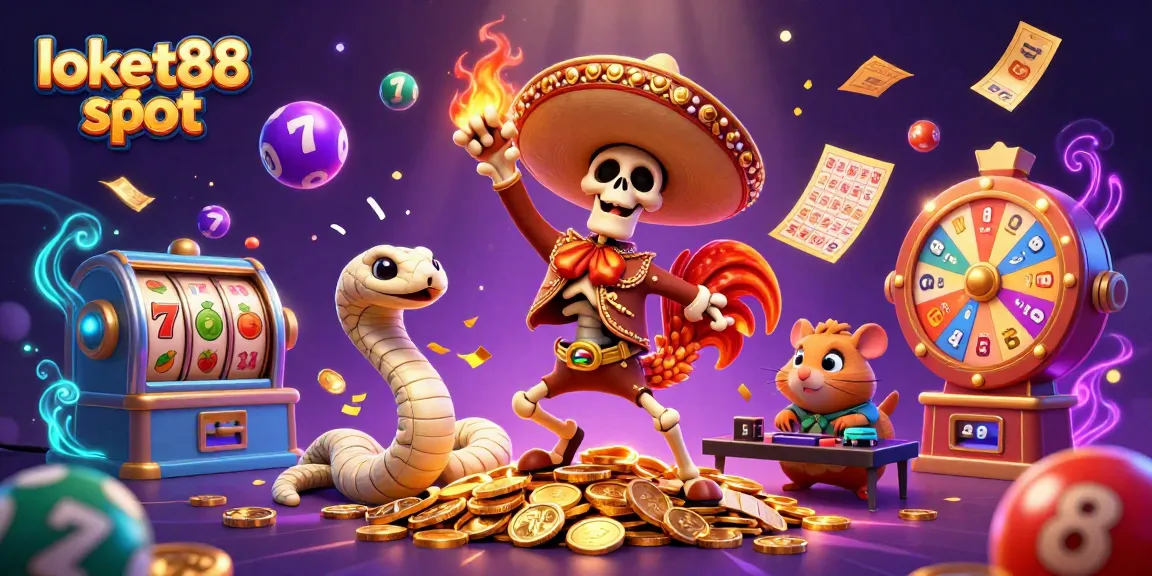 Experience the excitement of loket88 slot as vibrant lottery balls and golden symbols dance around animated characters.