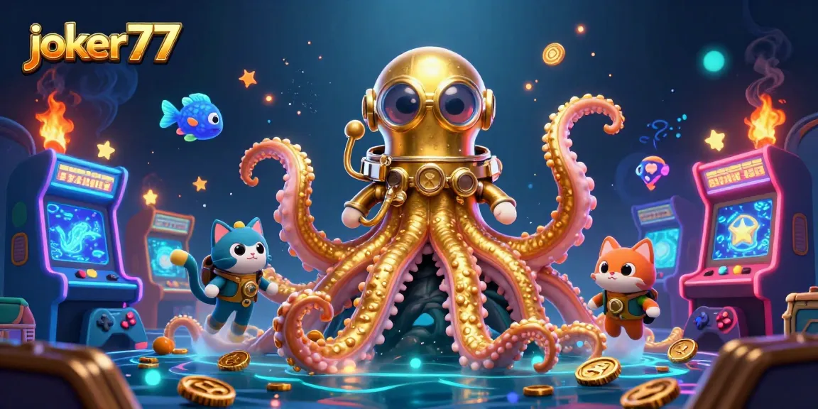 Engage with joker77's thrilling casino adventure featuring a kraken and diving cat amidst vibrant gaming elements.