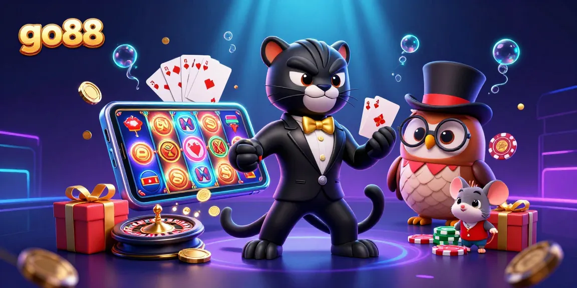 Engage with go88's vibrant casino scene featuring a panther dealer, an owl with poker chips, and a mouse to enhance your gaming experience.