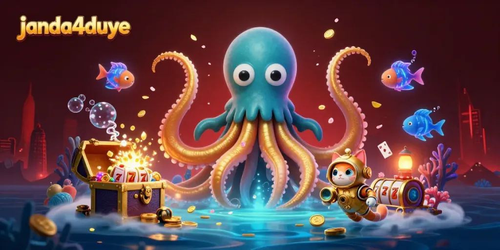 Ilustrasi kasino 3D yang menggoda dengan janda4duye, kraken raksasa dan ikan bioluminescent.