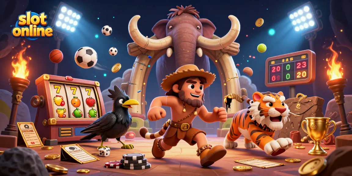 Experience the excitement of slot online gaming with playful characters in a vibrant prehistoric casino scene.