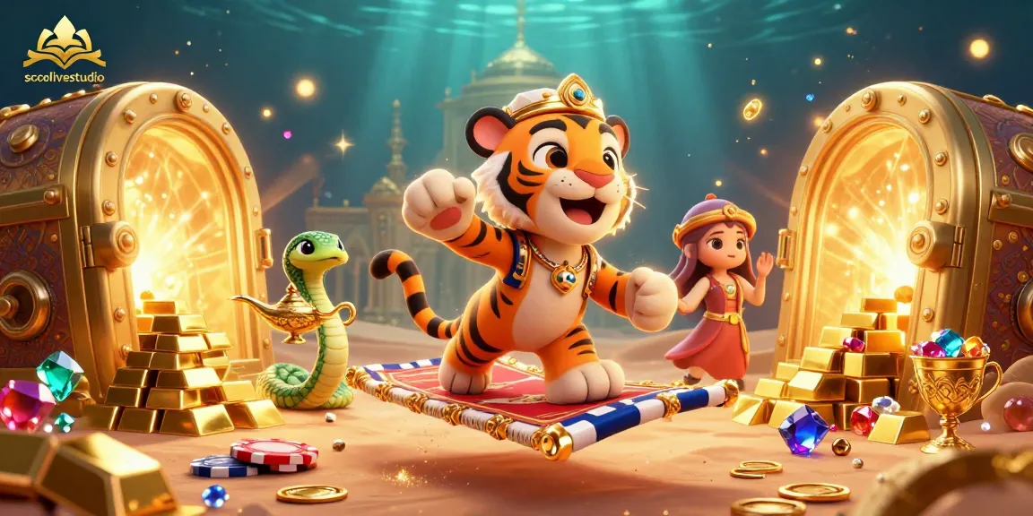 Socolivestudio delivers a thrilling experience with vibrant casino elements, showcasing a tiger sultan in an enchanting setting.