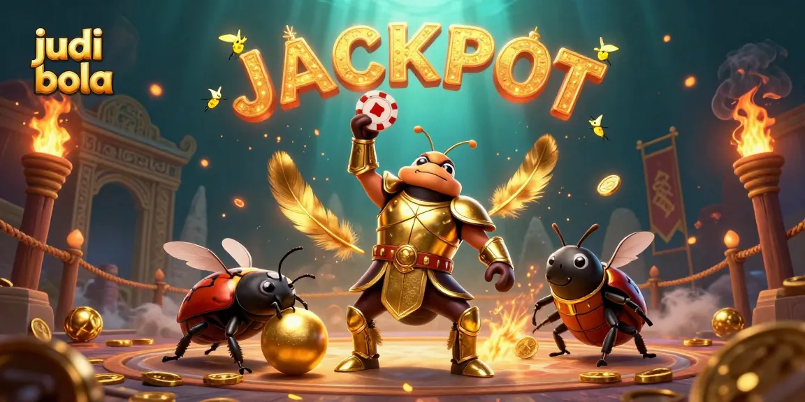 Engage in judi bola with a victorious beetle champion lifting a poker chip amidst a dynamic gambling arena scene.