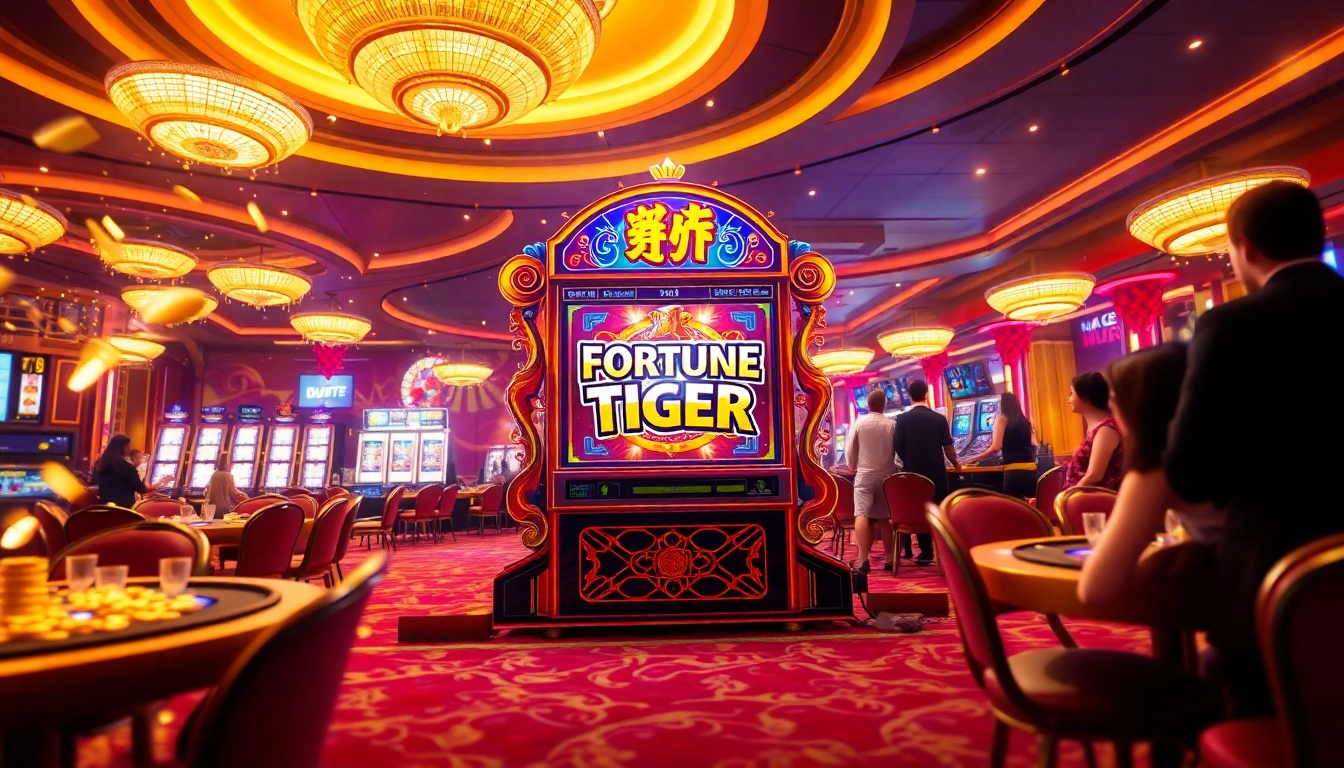 Experience the excitement of PG Soft สล็อต Fortune Tiger with our vibrant casino scene featuring slot machines and players.