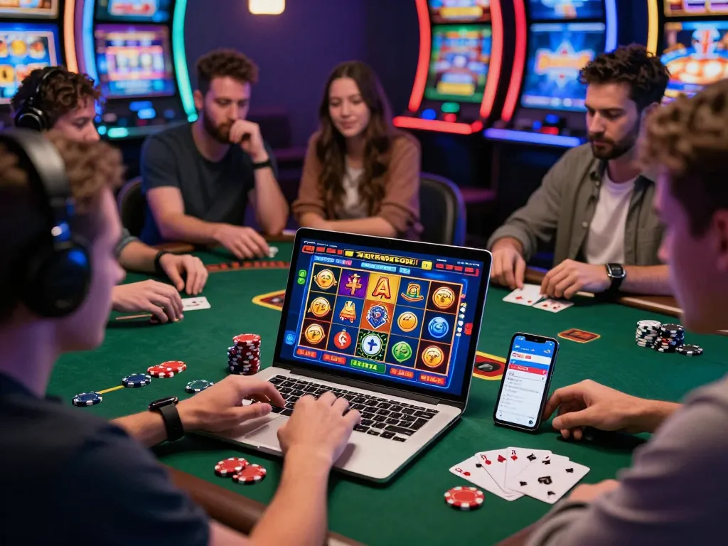 Pengalaman permainan interaktif yang menampilkan link gacor di mesin slot online yang ramai dengan grafik berwarna-warni dan pemain yang terlibat.