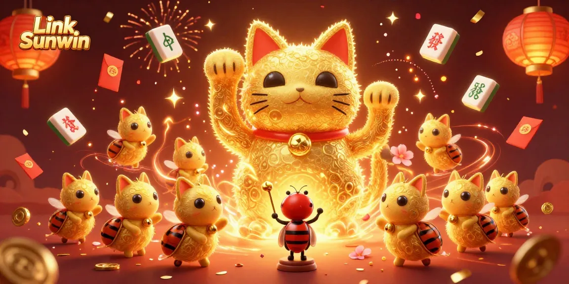 Experience thrilling wins at Link Sunwin with the lucky cat and festive casino symbols in this dynamic illustration.