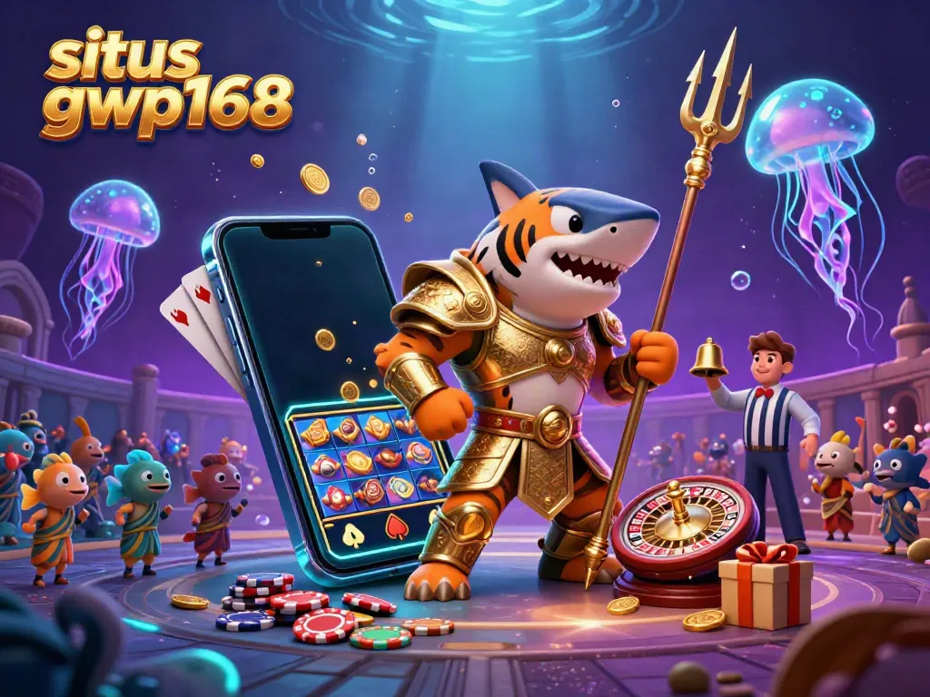 Permainan kasino interaktif dengan situs gwp168 dipimpin hiu kartun bertaring mengenakan armor gladiator, dikelilingi karakter lucu.