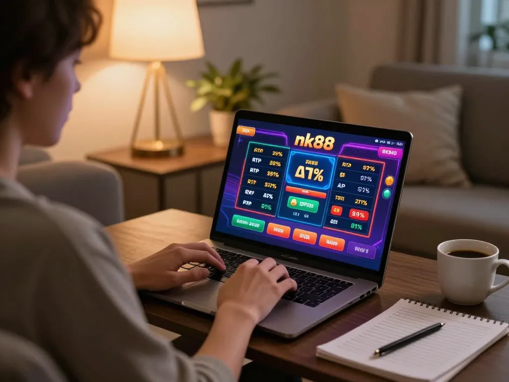 Engaged player utilizing nk88 for strategic online gaming with vibrant interface and cozy decor