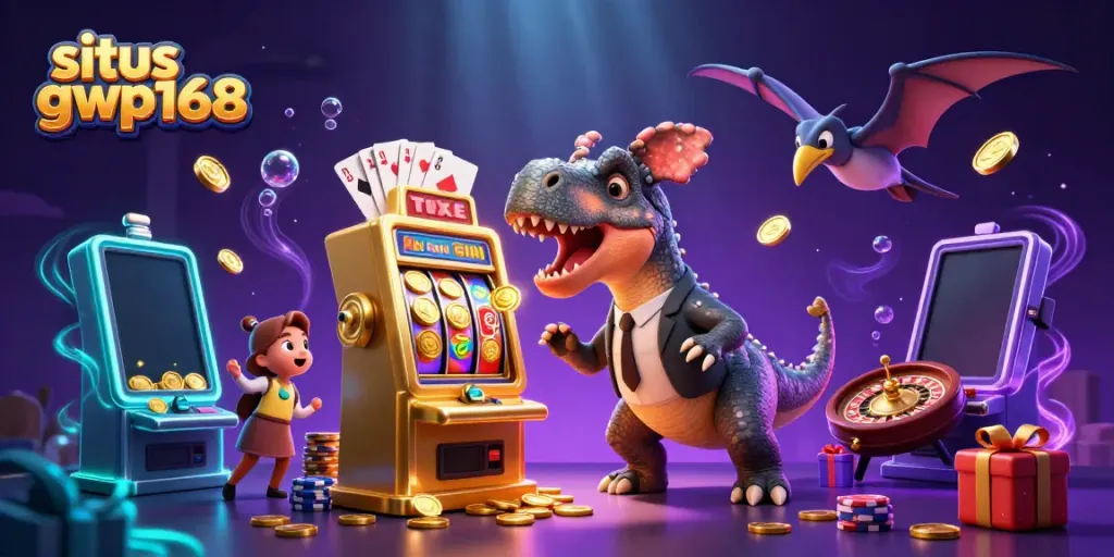 Permainan menarik di situs gwp168 dengan karakter kartun 3D dan mesin slot yang menghasilkan koin jackpot.