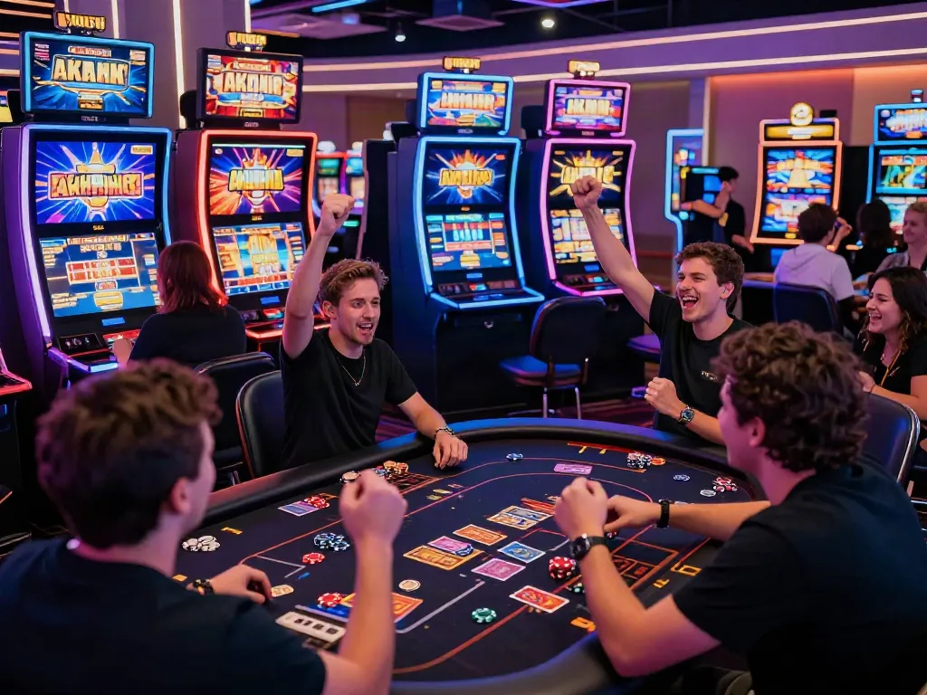 A vibrant online gaming scene featuring akunjp players at digital slot machines with excitement.