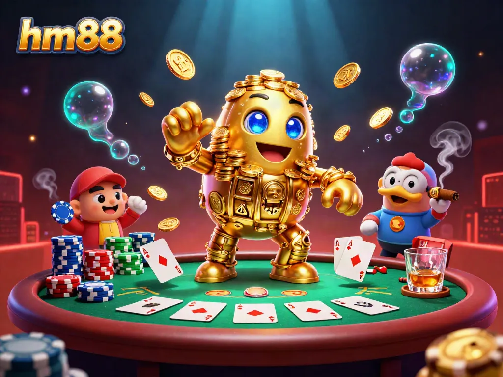 Experience the excitement of hm88 with a vibrant 3D illustration of a golden golem surrounded by poker elements and glimmering coins.