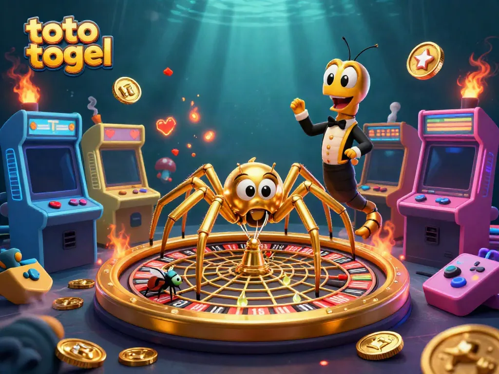 Toto togel spider spins a roulette web in a vibrant casino atmosphere, exciting bets.