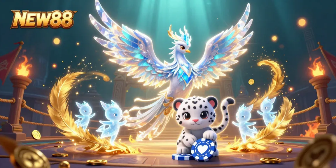 Experience the vibrant world of NEW88 where a cartoon ice phoenix and glowing sprites bring casino excitement to life.