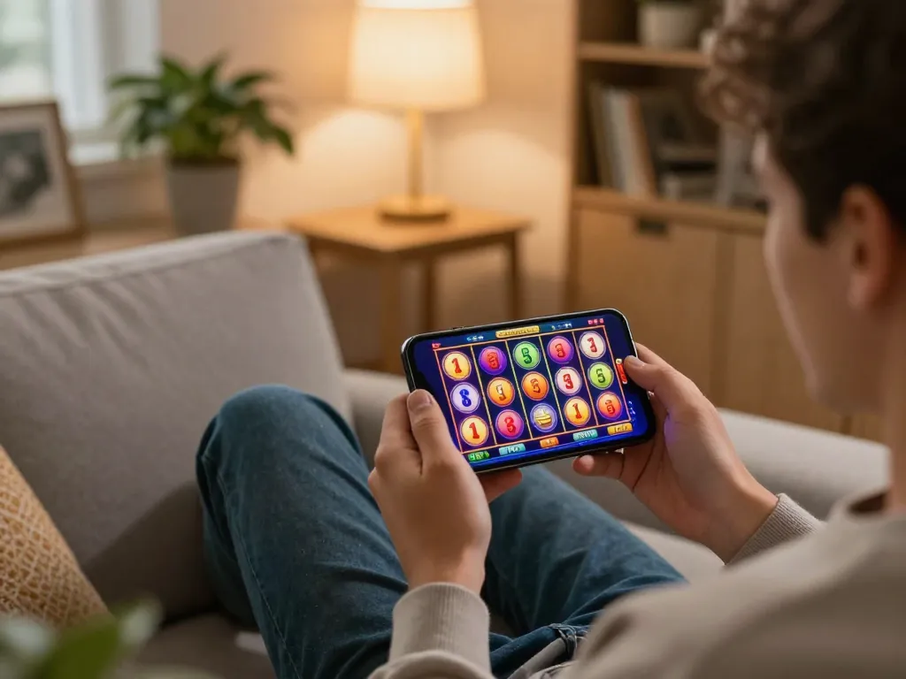 Engaged player enjoying Slot88 on smartphone, vibrant reels displayed in home setting