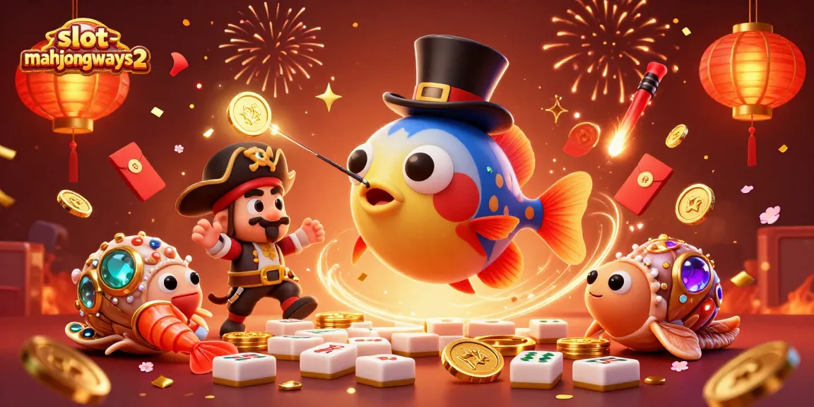 Engage in slot-mahjongways2 adventures with this vibrant fishing-themed 3D casino scene.