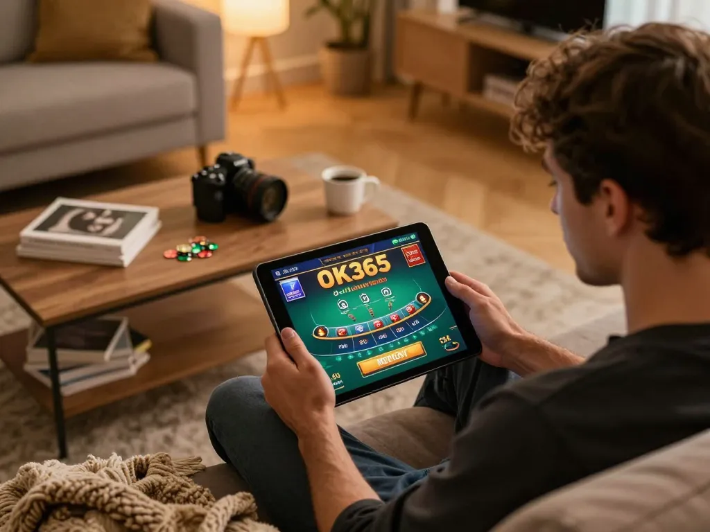 Online player enjoying blackjack on OK365 at home, emphasizing responsible gaming.