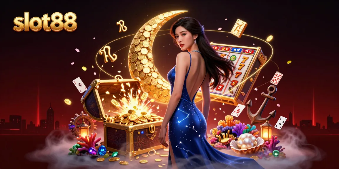 Berinteraksi dengan slot88 di dalam adegan kasino yang semarak menampilkan wanita Asia yang bersinar dan banyak elemen permainan slot.