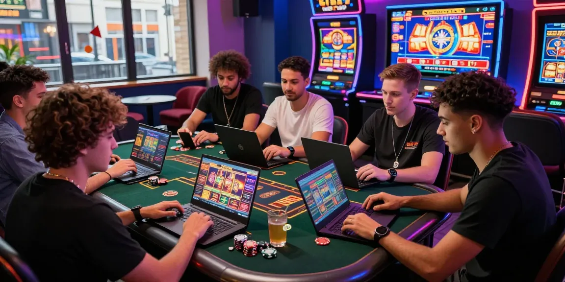 Diverse group enjoying non UK casinos for UK players in an energetic gaming environment with colorful lighting and laptops.