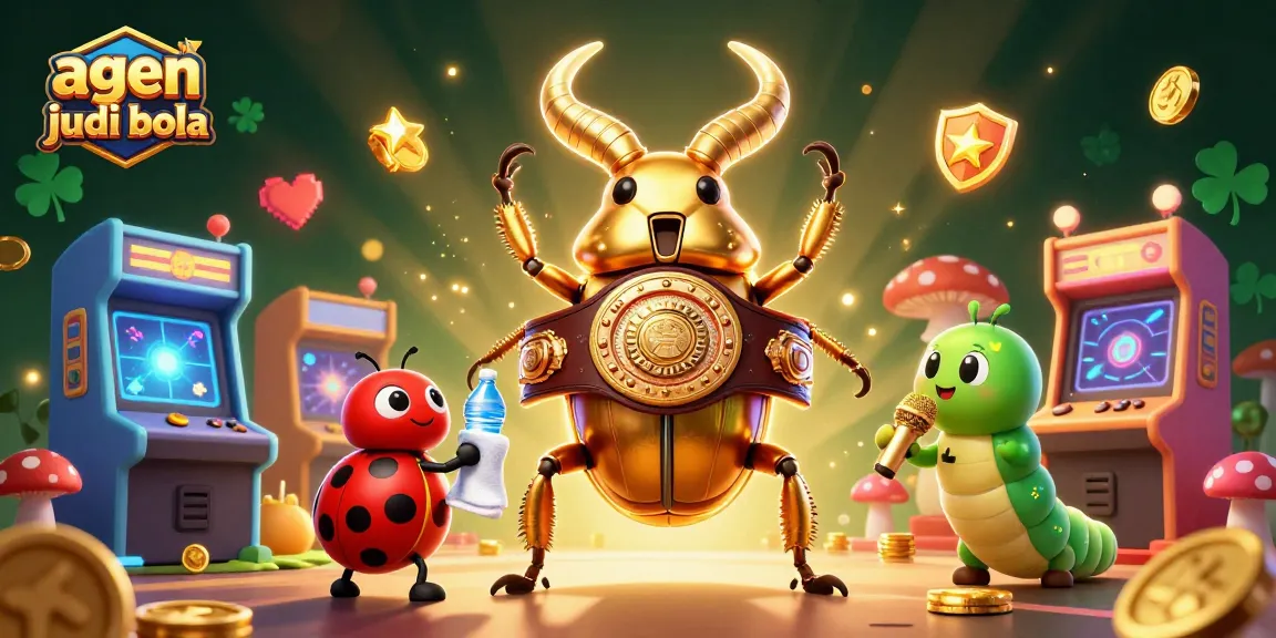 Engage with agen judi bola in a vibrant 3D casino scene featuring a golden stag beetle champion.