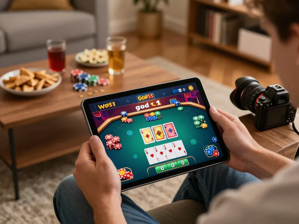 Engaging in an online poker game through the god55 app, showcasing lively gameplay in a cozy home setting.